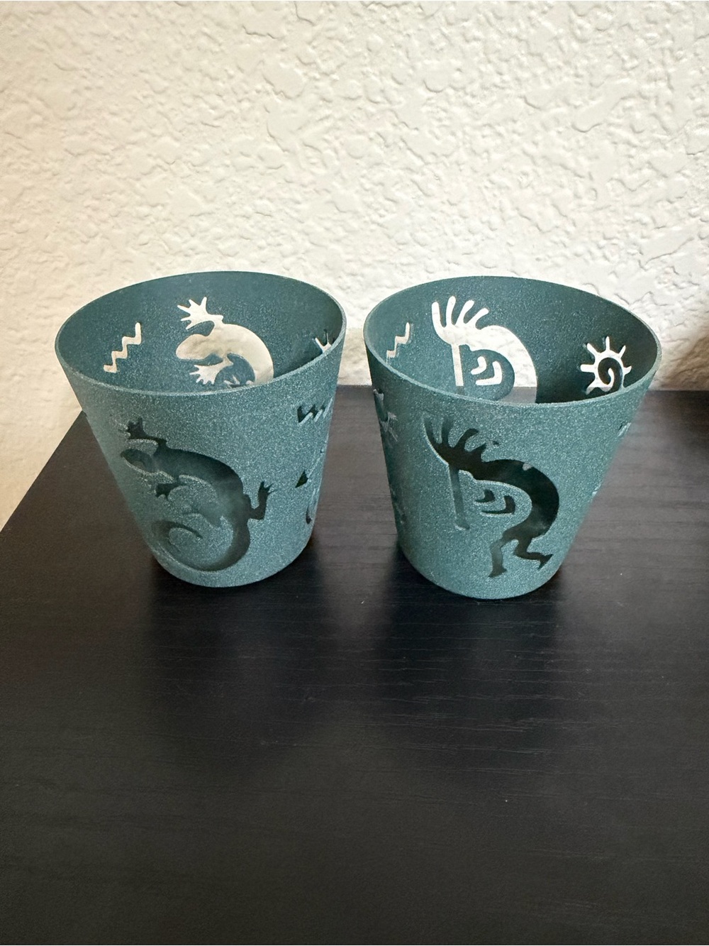 PartyLite Teal Metal Kokopelli & Lizard Votive Holders - Pair
